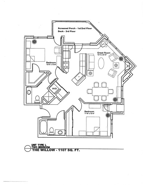 Floor plan for 2 beds, 2 baths, 1107 sqft